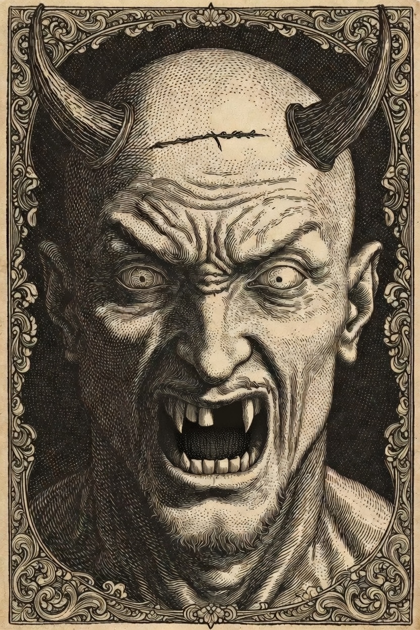 Augmented Ape Rewrites – The First Graft – Renaissance engraving of robed ape holding human mask and bitten apple, serpent watching